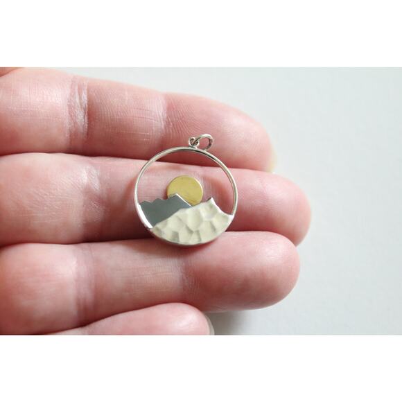 Large Sterling Silver Mountain Sunset Pendant with Bronze Sun - Picture 1 of 3